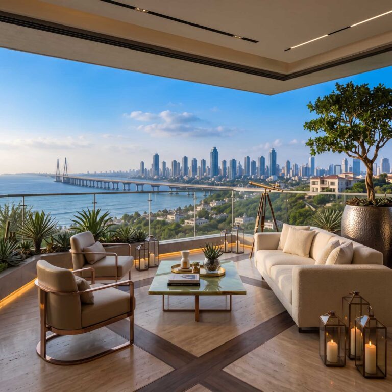 Sea-facing living terrace in a 3 BHK residence at Adani Bandra Reclamation