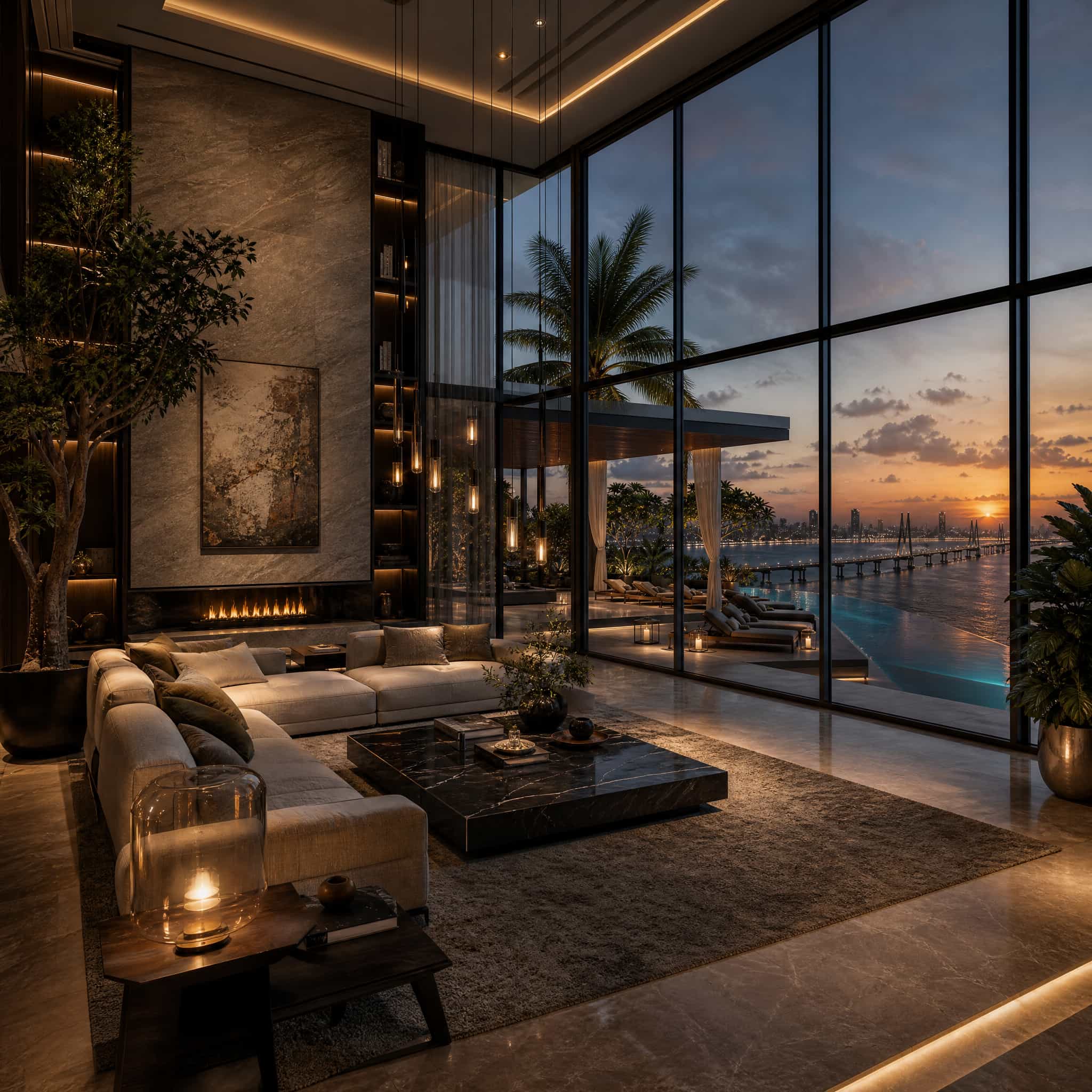 Adani Bandra Reclamation — Double-height living room with the Sea Link beyond