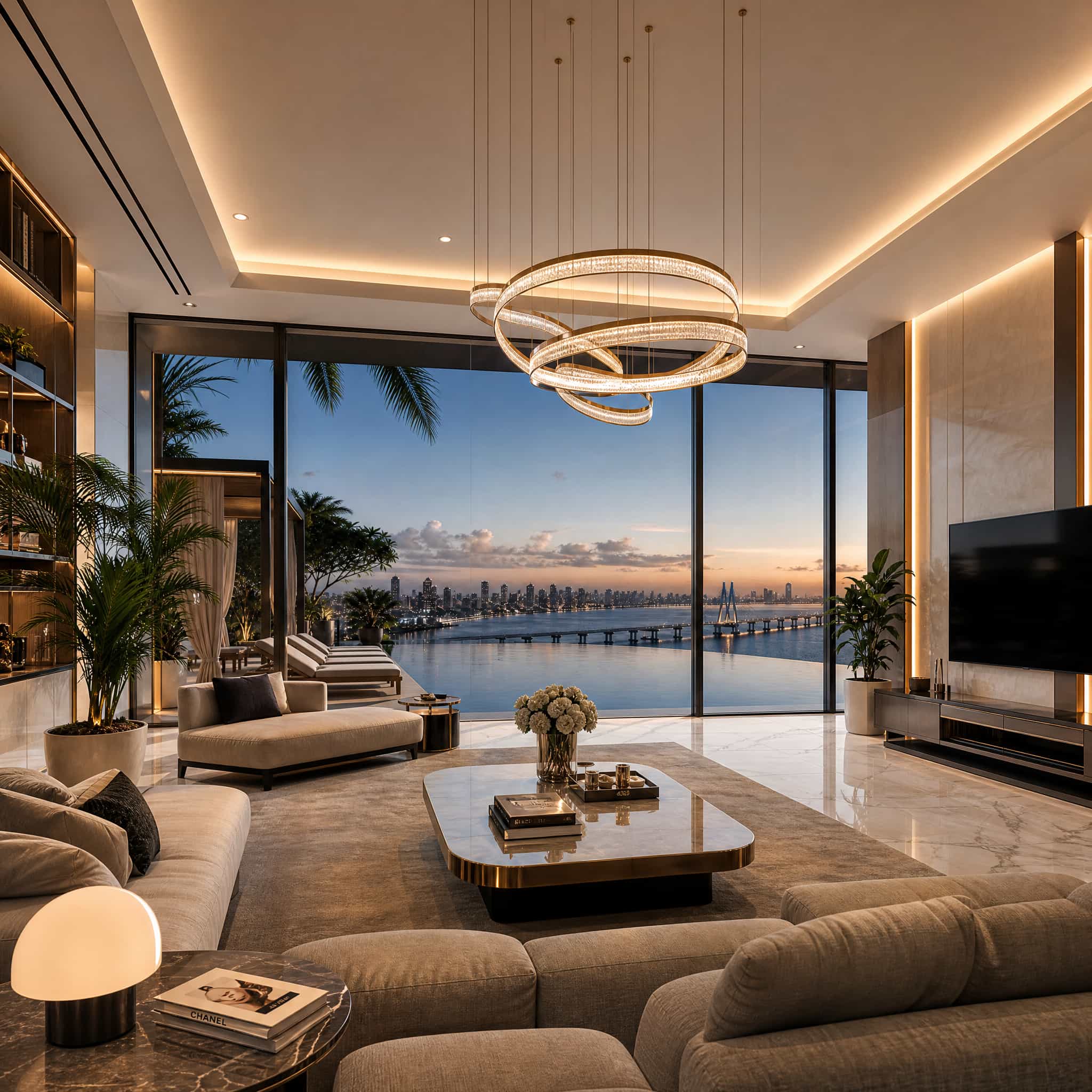 Adani Bandra Reclamation — Living room and pool deck at dusk