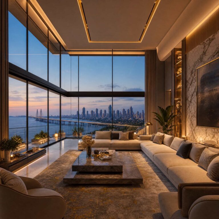 Double-height living room in a 4 BHK Sea Suite at Adani Bandra Reclamation