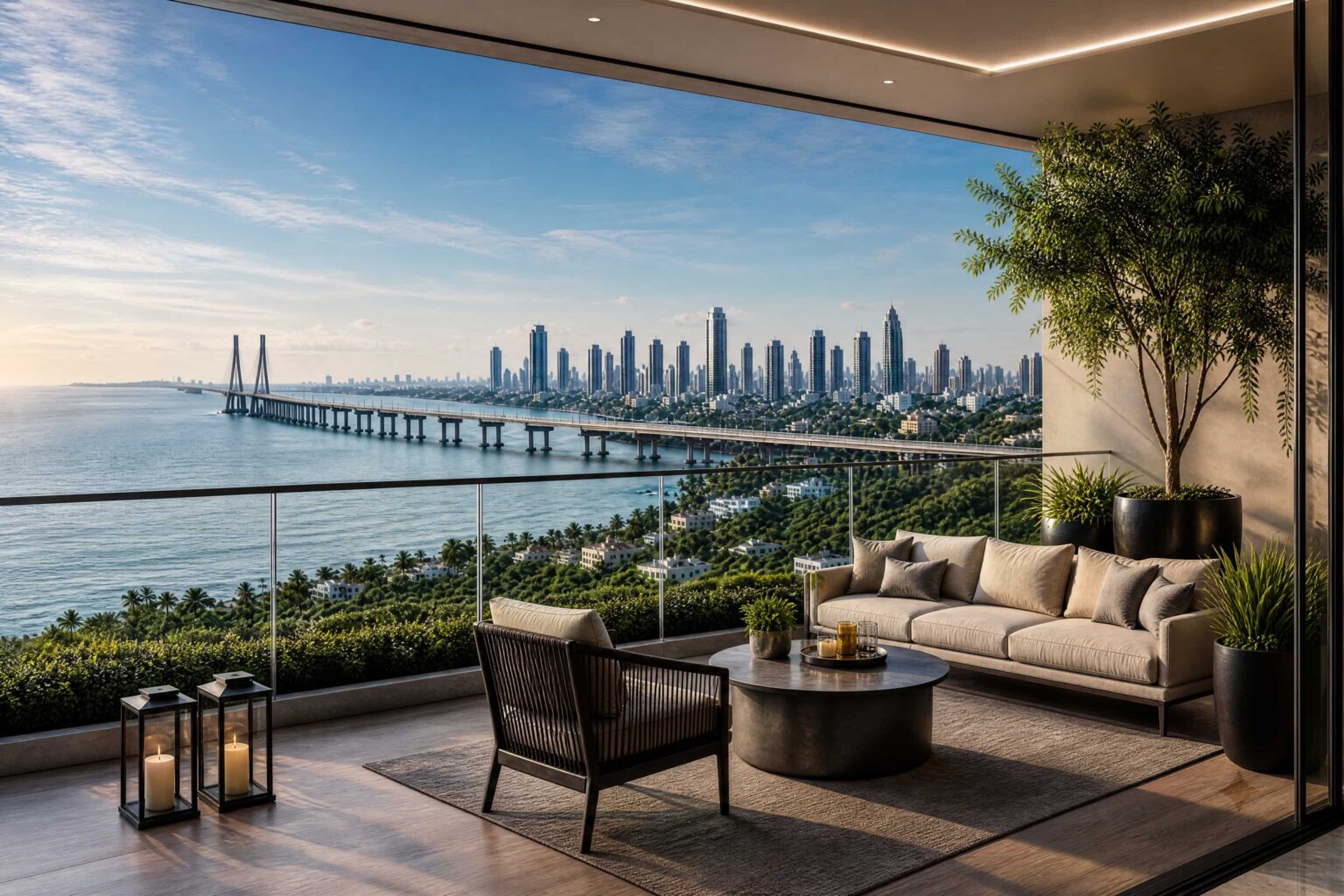Sea-facing terrace lounge at Adani Bandra Reclamation with the Bandra&ndash;Worli Sea Link across the bay