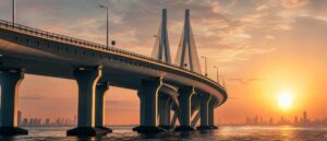 Bandra Reclamation coastal road corridor - Bandra-Worli Sea Link at sunset over Bandra Bay (artist's impression)