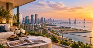 Luxury Balcony Overlooking Coastal Cityscape